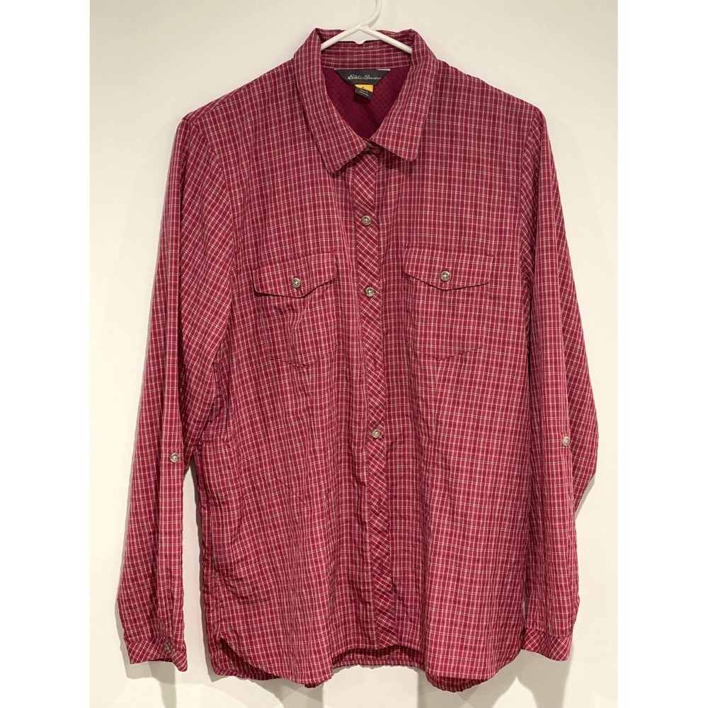 Eddie Bauer Womens Classic Fit Flannel Shirt Plaid Pink/Red/Blue Light Weight L